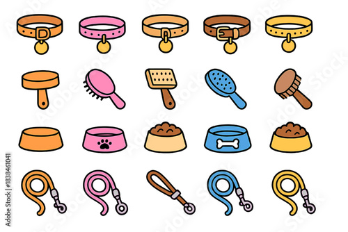 Different pet accessories such as collars, bowls, and grooming tools arranged in a grid pattern on a plain background