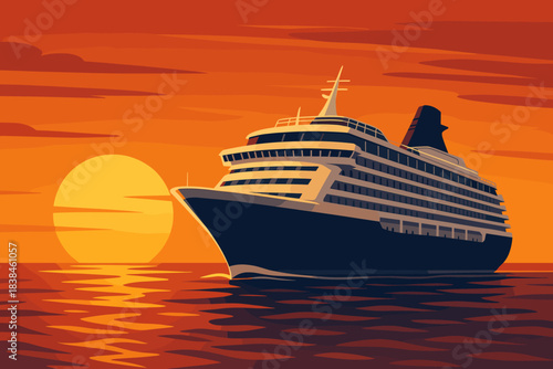 Sunset view of a large cruise ship sailing in calm waters against a vibrant orange sky