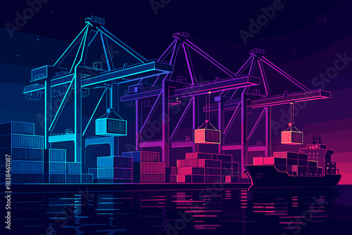 Night scene of a busy cargo port with cranes loading containers onto a ship on the water