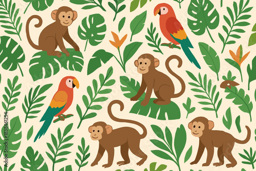 Monkeys and parrots among tropical leaves create an interesting jungle pattern in this bright scene