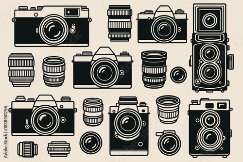 Different types of cameras and lenses arranged in a creative pattern on a plain background