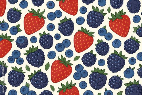 Pattern of strawberries, blackberries, and blueberries on a light background with green leaves