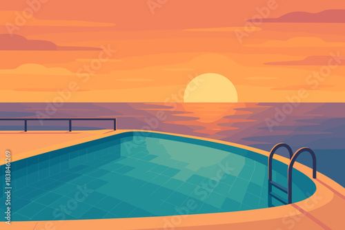 Bright sunset over a quiet pool with calm water in a seaside setting during evening hours