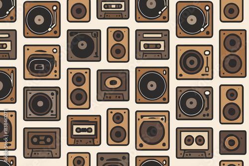 Different types of speakers and turntables arranged on a light background showing a music theme