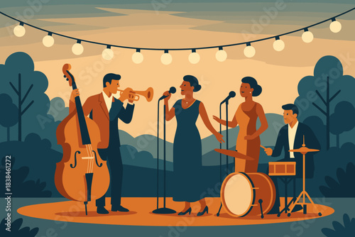 Live music performance with singers and musicians on stage during sunset in an outdoor setting