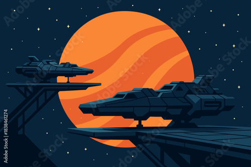Spaceships on landing pads with large orange planet in night sky