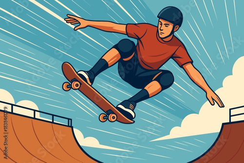 Skater performs a stunt in a skatepark during a sunny day