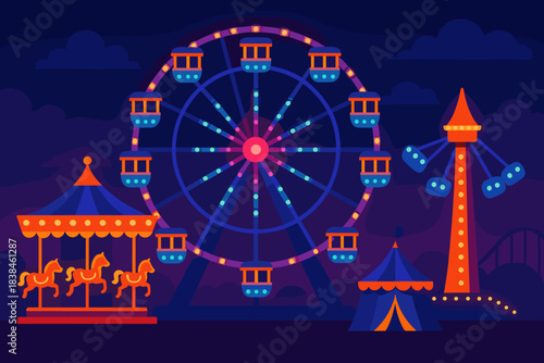 Colorful amusement park at night with a large Ferris wheel, carousel, and thrill ride in the background