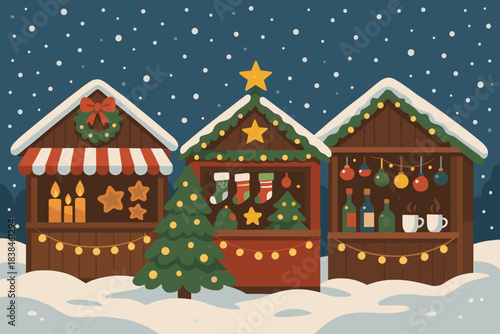 Christmas market stalls with lights, decorations, and snow in a winter setting during the holiday season