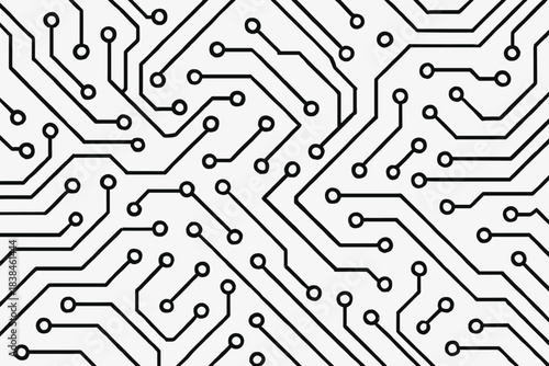 Circuit board layout showing intricate paths and connections in a technology design