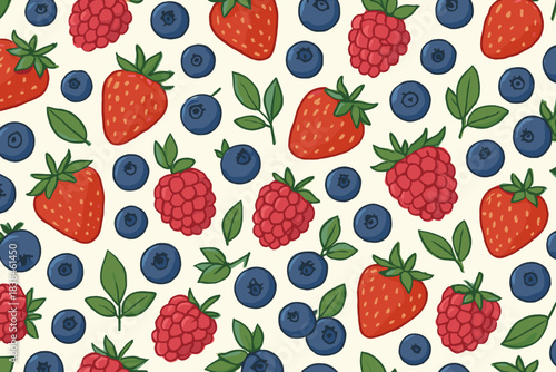Colorful pattern of various berries on a light background with leaves scattered throughout the design