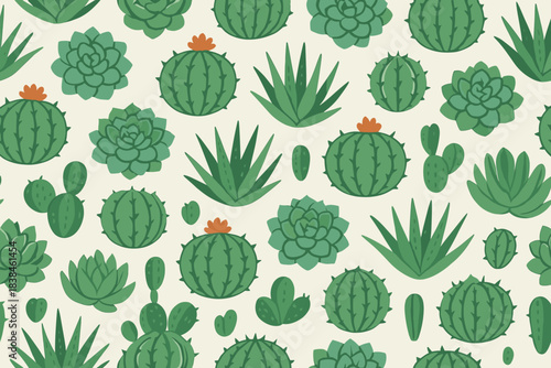Cacti and succulents of various shapes and sizes create a lively pattern on a light background