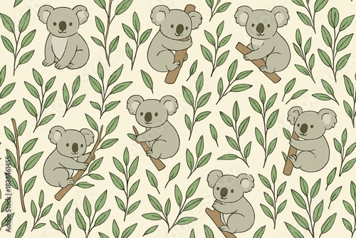 Cute koala illustrations surrounded by leaves on a simple background in a playful design