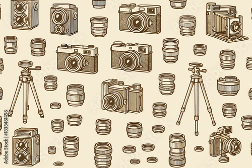Camera equipment and photography tools shown in a repeated pattern on a light background during the daytime