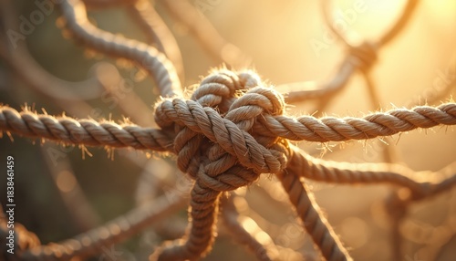 Complex web of tangled ropes business ties, antitrust challenges. Central knot represents market dominance, monopoly issues. Interconnected network shows corporate strategy, complex legal regulations.