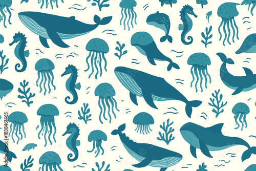 Colorful sea life pattern with whales, jellyfish, seahorses, and corals on light background perfect for marine-themed projects