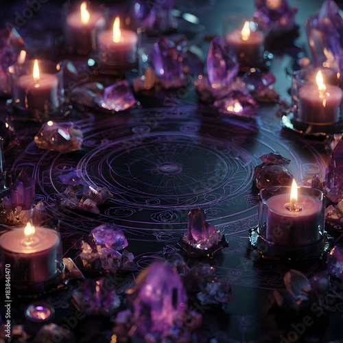 Dark mystical candle circle with glowing crystals on ritual altar in shadow christmas decoration with candles and decorations