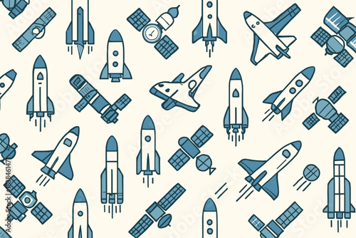 Rockets and satellites in various designs arranged in a pattern on a light background