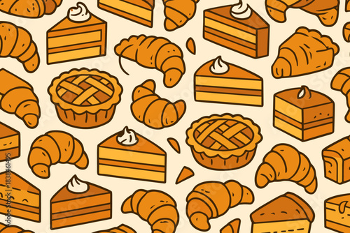 Various baked goods in a repeating pattern showing desserts and pastries in simple designs on a light background