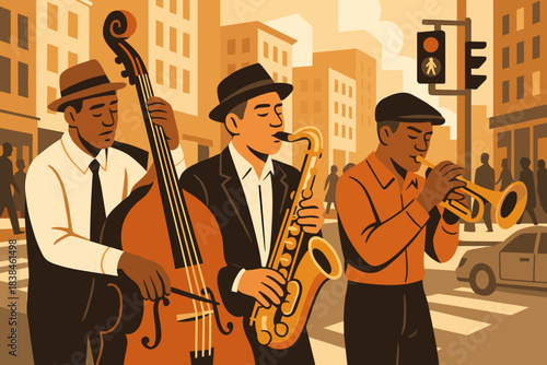 Musicians playing jazz on a city street during the day with pedestrians and cars present