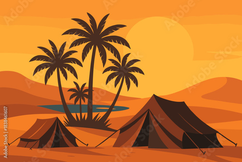 Camping in the desert with tents and palm trees during sunset near a small lake