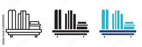 Modern Bookshelf Icon Set, Library Vector Illustration for Design