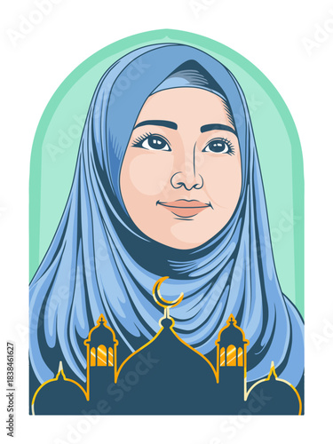 Smiling Muslim Woman in Hijab with Mosque Silhouette