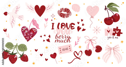 Set of cartoon cute pink and red stickers for Valentine's Day. Girly patches with bows, romantic elements, love envelope, hearts, love, gifts. Vector shapes set in retro doodle groovy vintage style.
