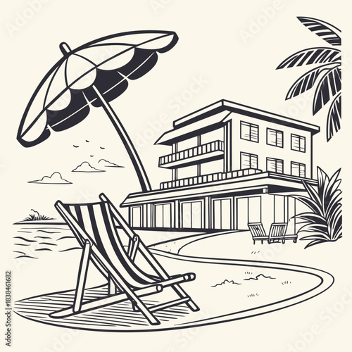 Hand drawn beach shears with umbrella. Doodle vector vintage sunbed illustration. Pool, hotel resort, lounge outdoor furniture. Sun shadow seat with parasol. Sea vacation design element