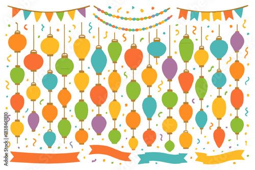 Colorful lanterns and decorations hang at a festive event with fun elements and bright colors in a lively setting
