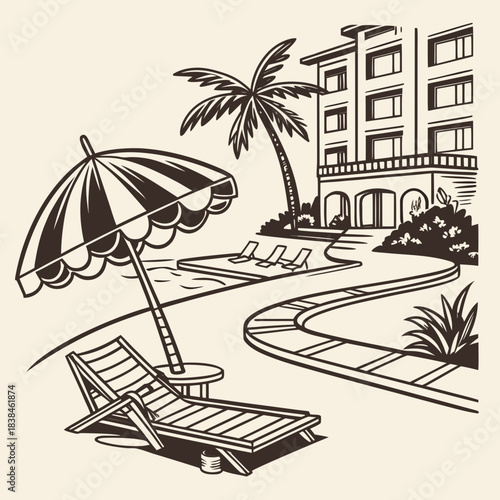 Hand drawn beach shears with umbrella. Doodle vector vintage sunbed illustration. Pool, hotel resort, lounge outdoor furniture. Sun shadow seat with parasol. Sea vacation design element