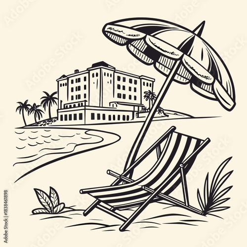 Hand drawn beach shears with umbrella. Doodle vector vintage sunbed illustration. Pool, hotel resort, lounge outdoor furniture. Sun shadow seat with parasol. Sea vacation design element