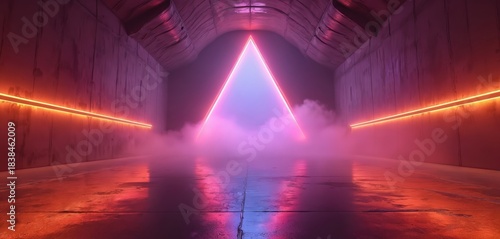 Fototapeta Naklejka Na Ścianę i Meble -  Futuristic tunnel vibrant neon triangle gateway. Intense purple, orange laser beams cut through thick smoke within concrete corridor. 3d rendering electrifying club atmosphere with glowing lights,