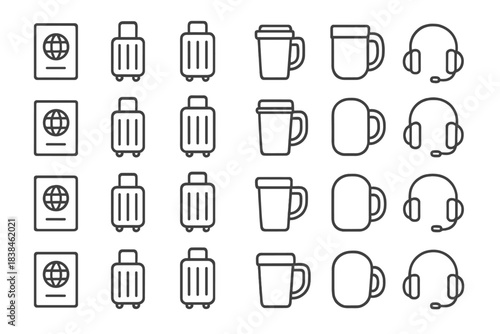 Travel essentials for journeys including passport, luggage, coffee cups, and headphones in a simple pattern