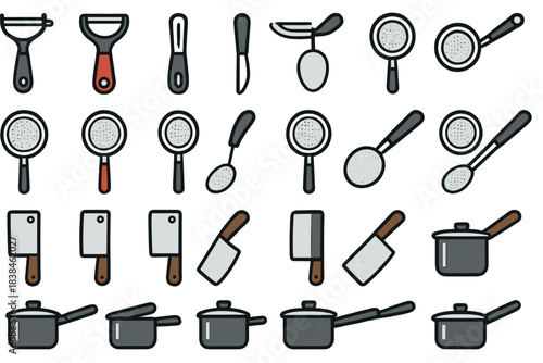 Different types of kitchen tools for cooking, including spoons, strainers, and pots, arranged in neat rows on a white background