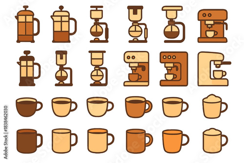Different coffee makers and cups arranged in a grid showing various brewing methods and serving styles