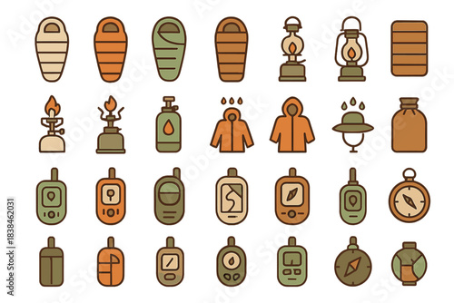 Various camping equipment and tools are displayed in simple designs on a light background for outdoor activities in a guiding format