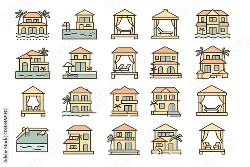 Various types of houses and pavilions by the water, showing outdoor spaces and leisure areas in a warm setting