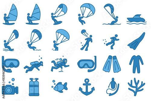 Graphic showing different water sports activities and equipment in various positions and styles