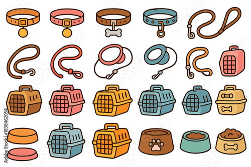 Various pet accessories including collars, leashes, carriers, and bowls displayed in a simple layout