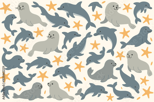 Seals and dolphins play together in a simple design with starfish on a light background