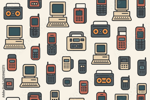 Collection of old technology devices in a random pattern on a light background featuring items from the past