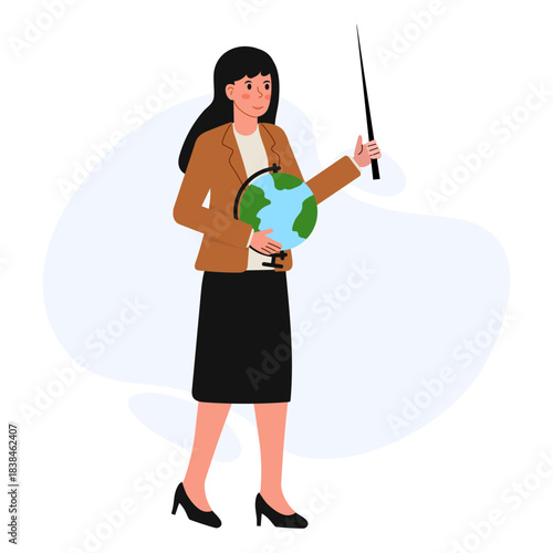 Teacher stands with globe and pointer in classroom setting during lesson on geography