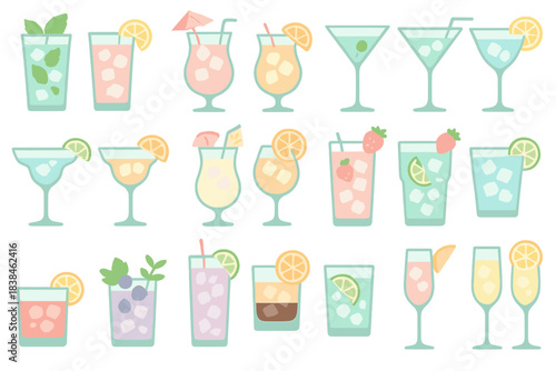 Different types of drinks and cocktails arranged in a colorful display on a white background for a fun party atmosphere
