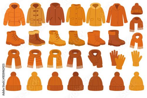 Collection of winter clothing items in various shades of brown and orange arranged on a white background