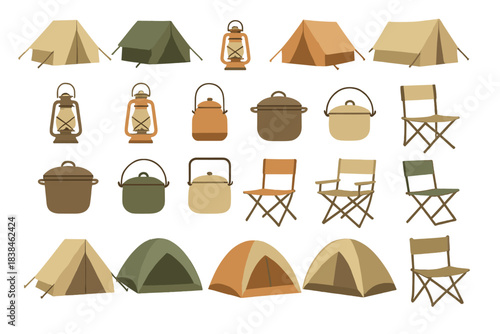 Camping gear collection with tents, lanterns, and cooking tools for outdoor activities and adventures