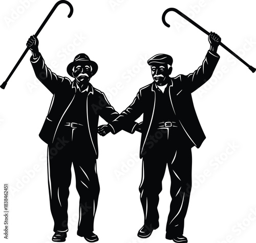 Elderly couple dancing joyfully, traditional attire, black and white illustration, cultural celebration, vintage hats, walking canes raised, folk spirit, senior happiness, festive moment, heritage joy