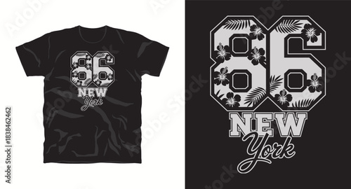 New york 86 t-shirt design with tropical floral elements and classic typography, streetwear apparel vector