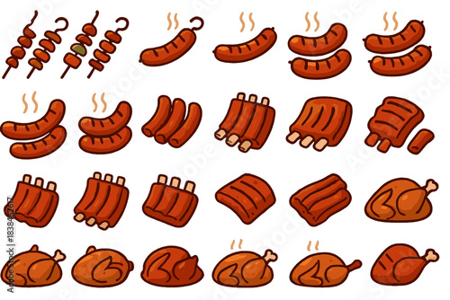Different types of cooked meat displayed on a white background with various shapes and sizes in an organized manner