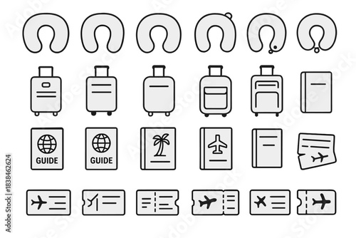 Travel essentials and items for a trip organized in simple designs presented in black and white